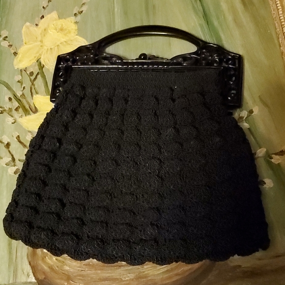 Black Crochet Popcorn Evening Bag Plastic Frame - Picture 5 of 5